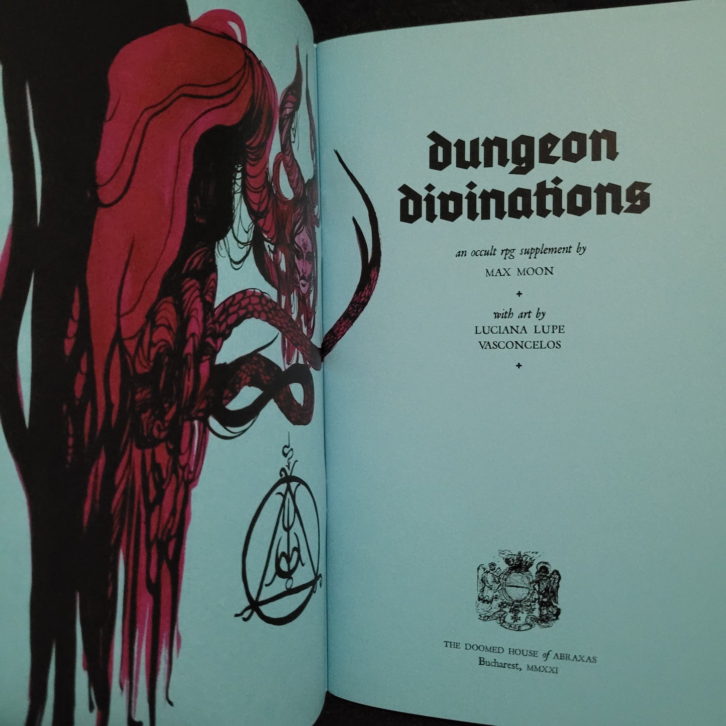DUNGEON DIVINATIONS: AN RPG COLLECTION OF THE OCCULT AND ARTFUL NECROMANCY by Max Moon (Mount Abraxas Press, 2023) Deluxe Limited Edition Booklet with art by Luciana Lupe Vasconcelos