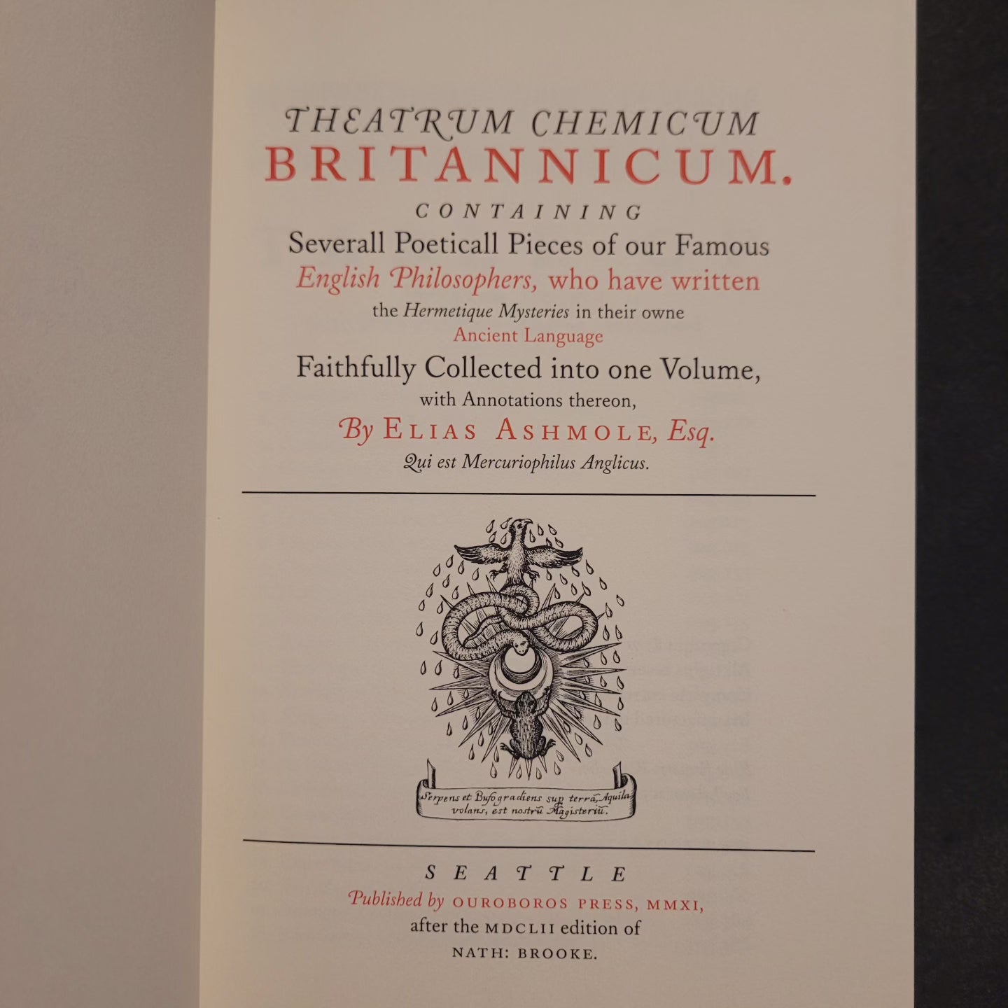 Theatrum Chemicum Britannicum by Elias Ashmole (Ouroboros Press, 2011) Limited Edition Hardcover