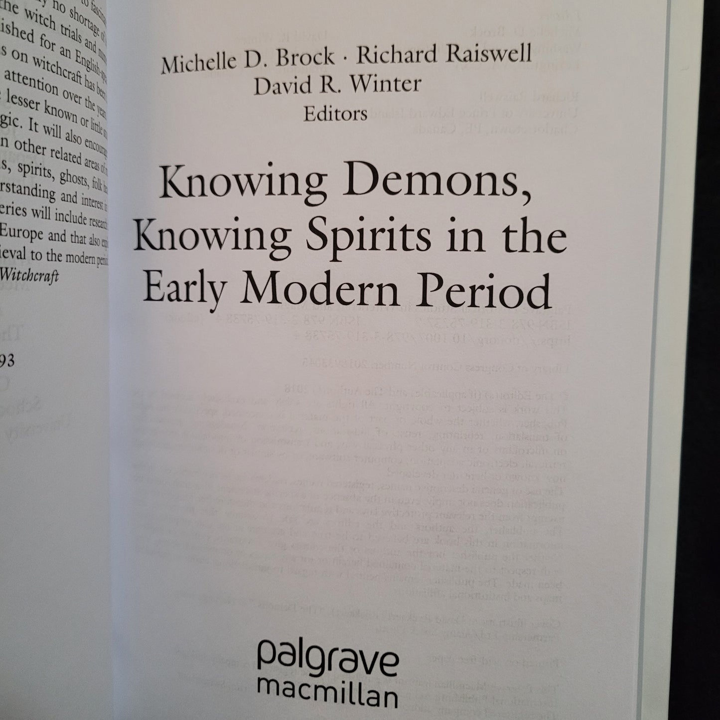 Knowing Demons, Knowing Spirits in the Early Modern Period (Palgrave Macmillan, 2018) Hardcover Edition