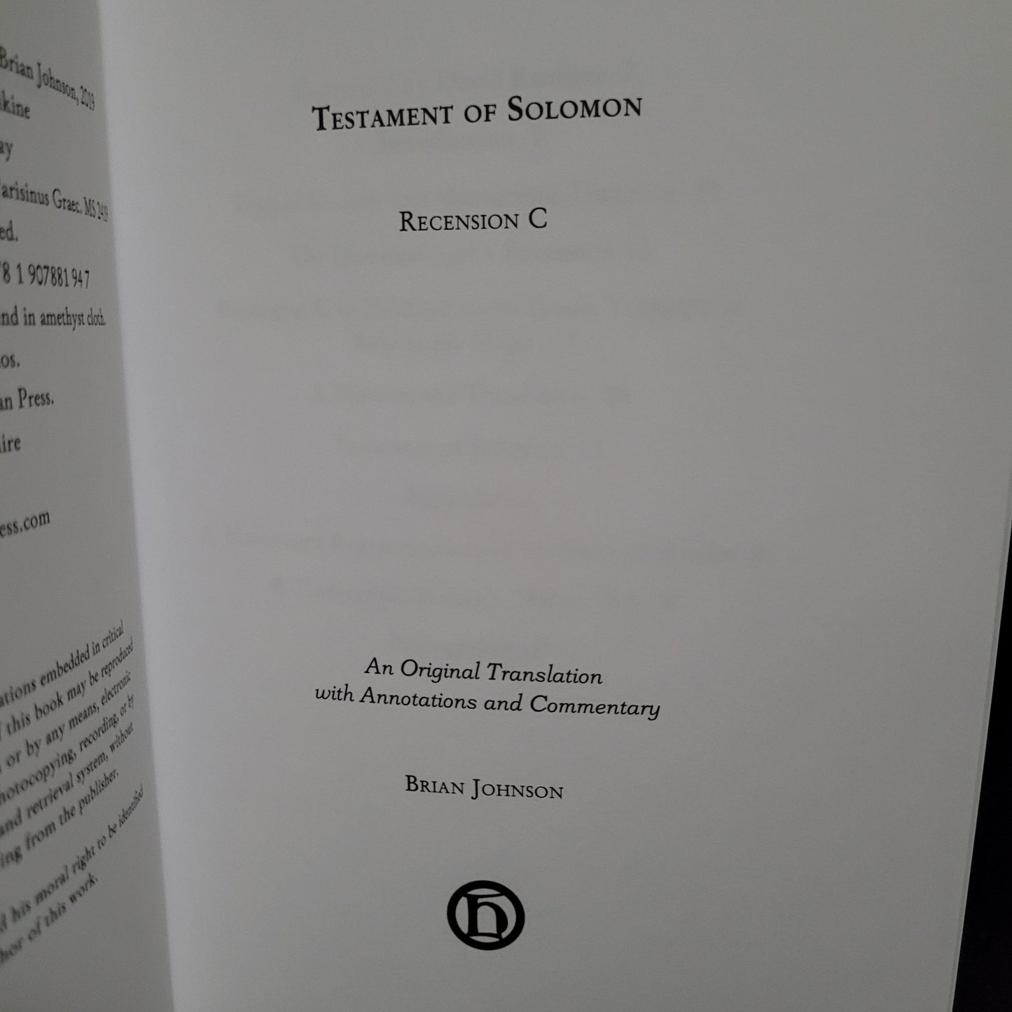 Testament of Solomon: Recension C Translated by Brian Johnson (Hadean Press, 2019) Paperback Edition