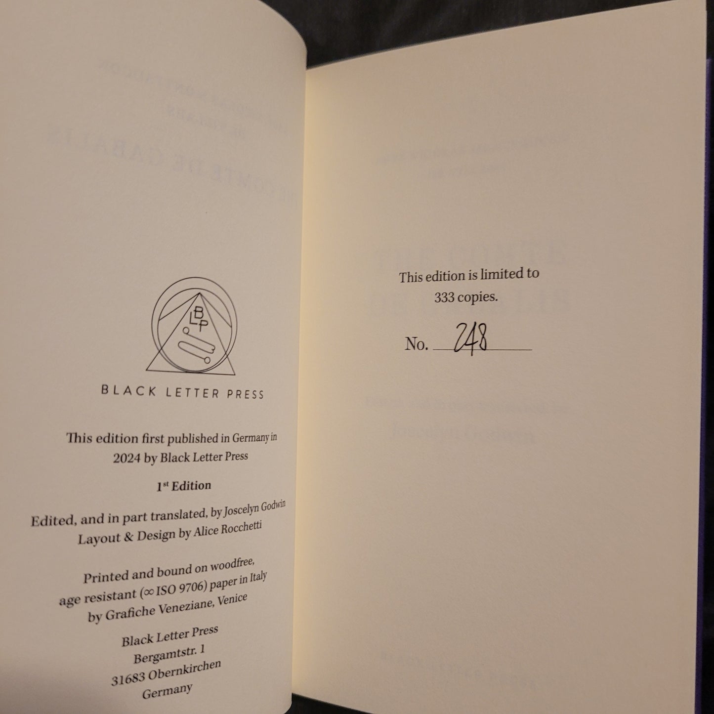 The Comte de Gabalis by Abbé Henri Montfaucon de Villars Edited by Joscelyn Godwin (Black Letter Press, 2024) Hardcover First Edition Limited to 333 Copies