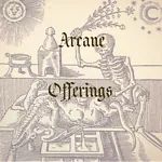 Alchemical woodcut background with Arcane Offerings name
