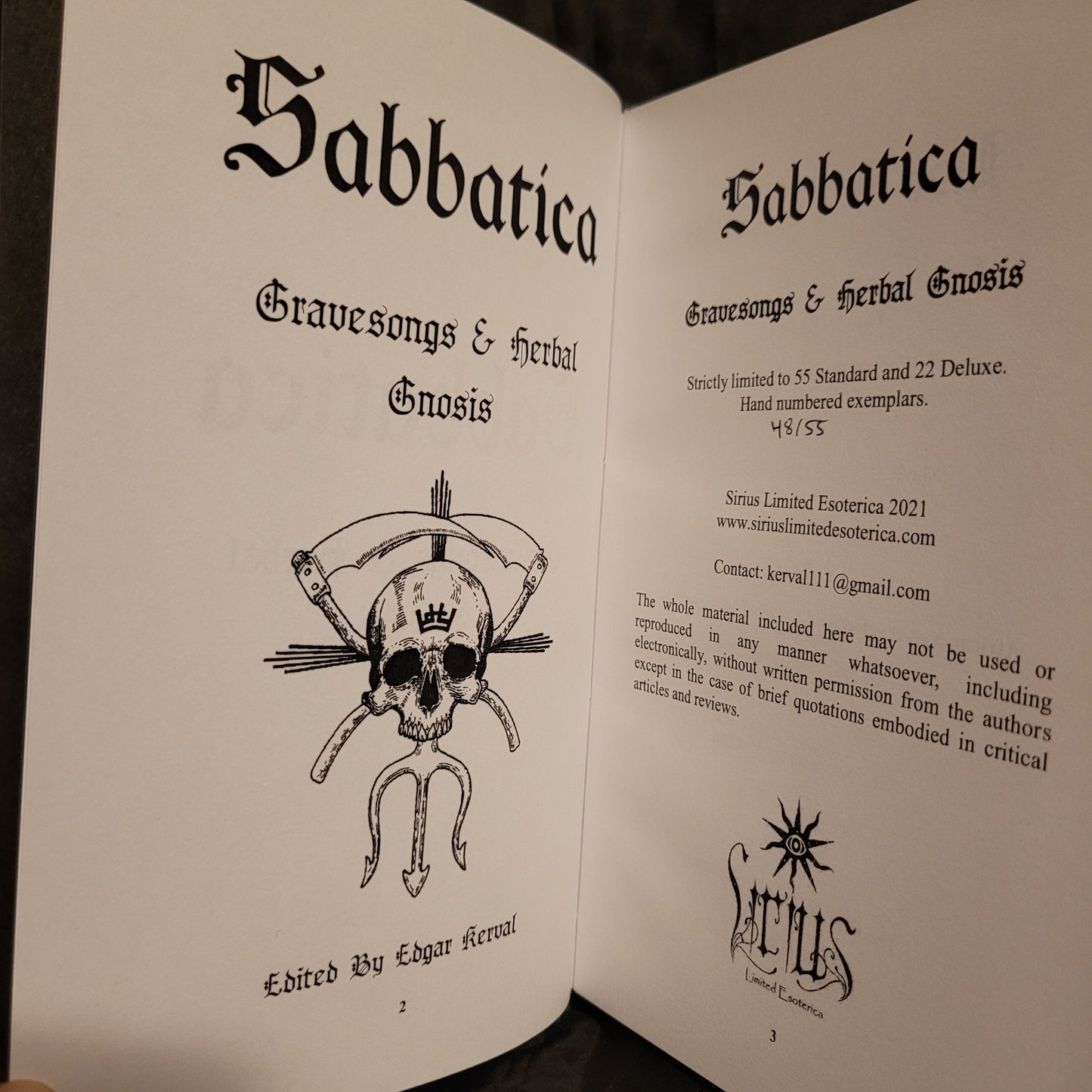 Sabbatica: Gravesongs & Herbal Gnosis Edited by Edgar Kerval (Sirius Limited Esoterica, 2021) Hardcover Limited to 55 Copies