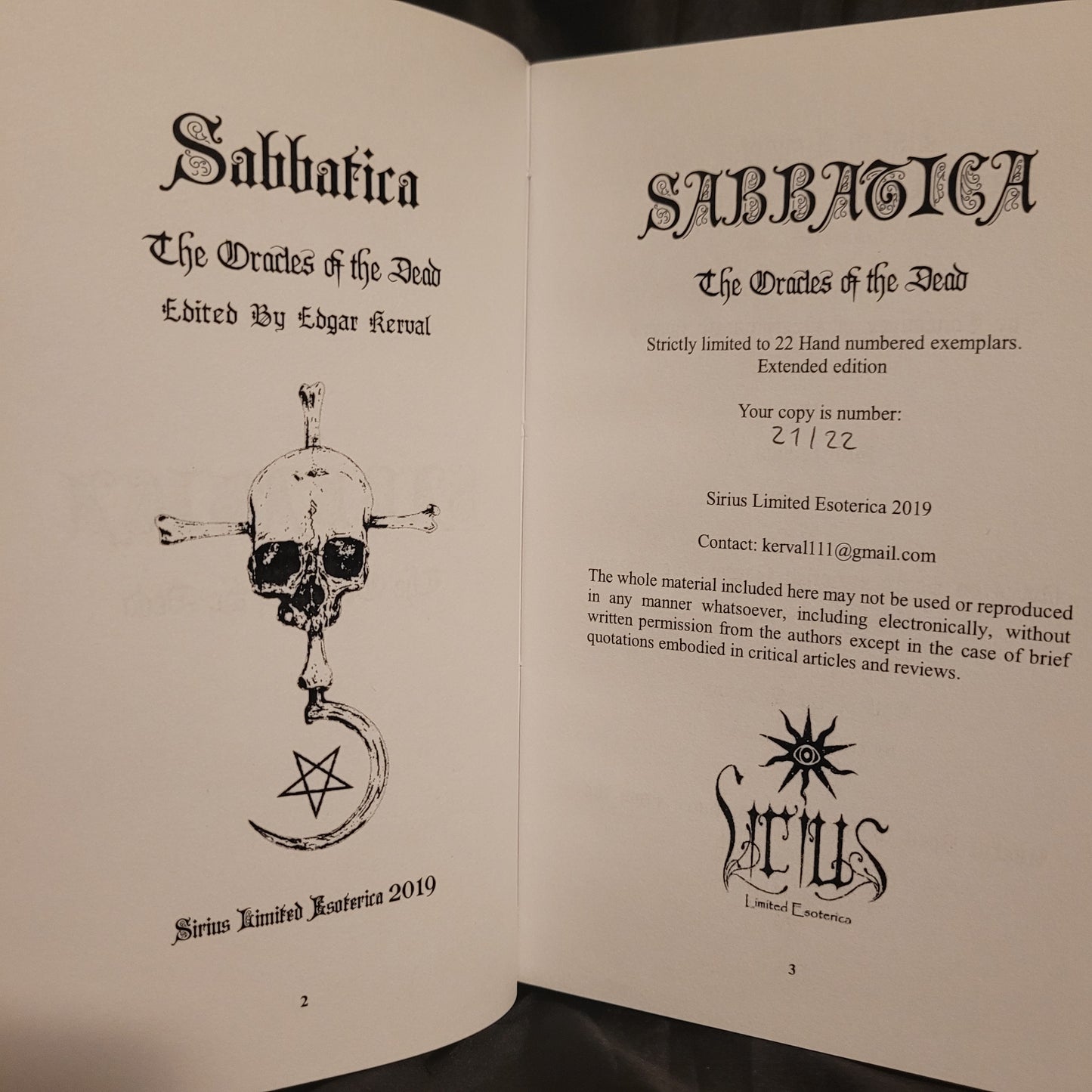 Sabbatica Vol. V: The Oracles of the Dead (Sirius Limited Esoterica, 2019) Hardcover