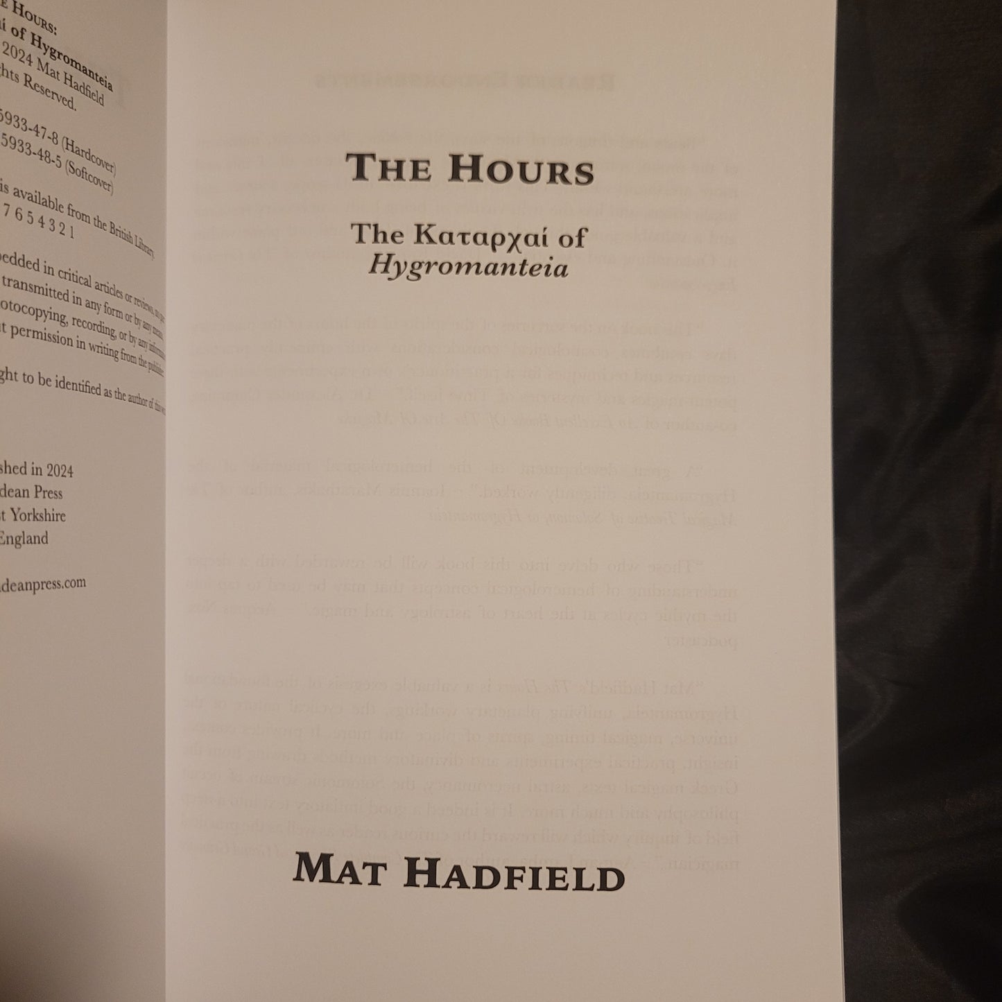 The Hours: The Καταρχαί of Hygromanteia by Matt Hadfield (Hadean Press, 2024) Paperback
