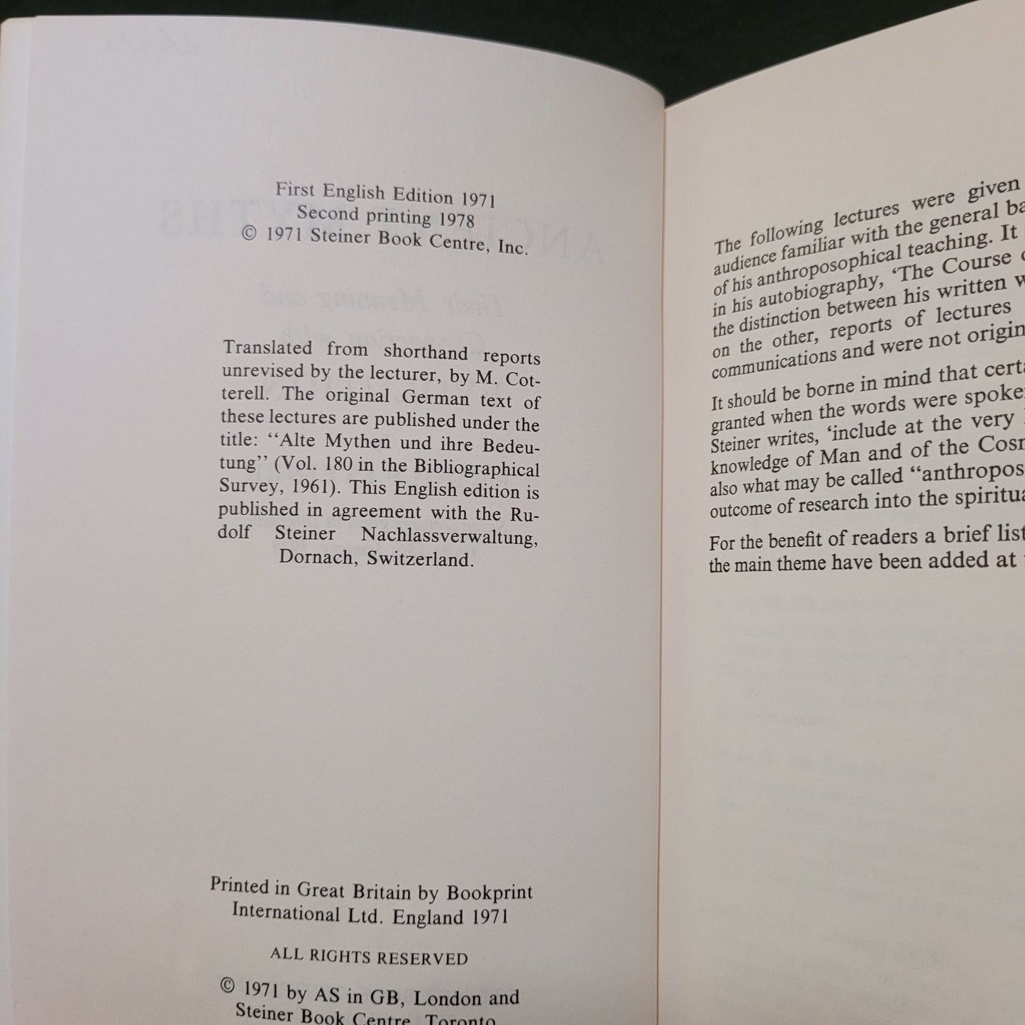 Ancient Myths: Their Meaning and Connection with Evolution by Rudolf Steiner (Steiner Book Centre, Inc., 1978) Paperback